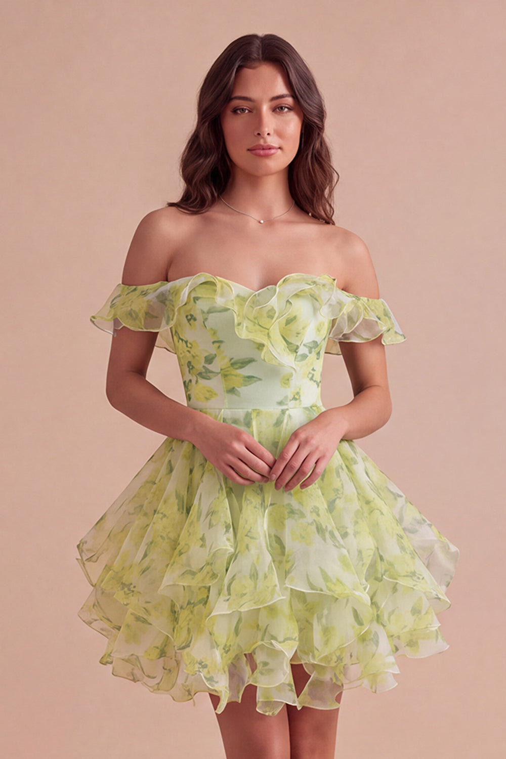 Yellow Green Floral Corset Off the Shoulder Ruffled Short Homecoming Dress