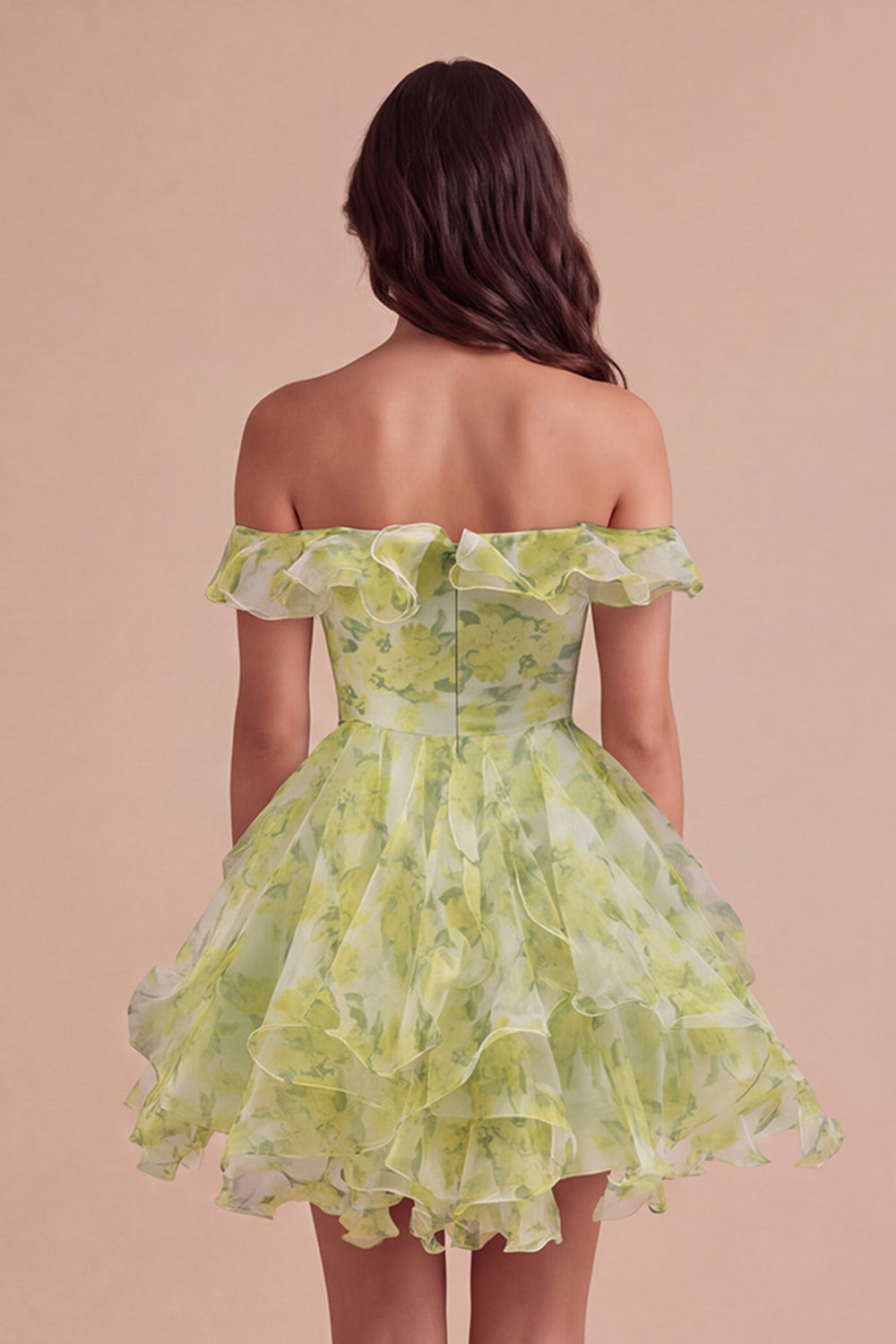 Yellow Green Floral Corset Off the Shoulder Ruffled Short Homecoming Dress