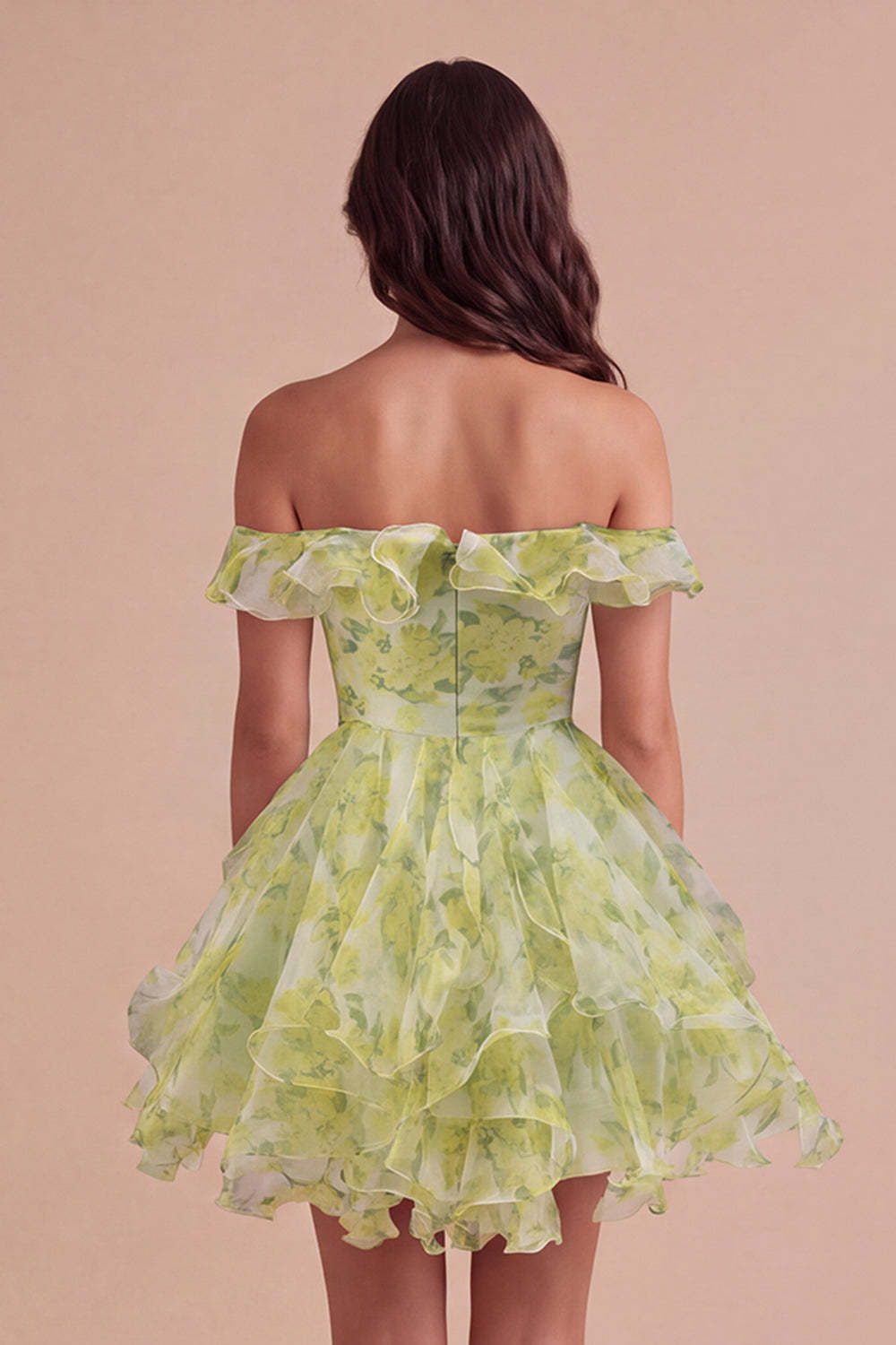 Yellow Green Floral Corset Off the Shoulder Ruffled Short Homecoming Dress