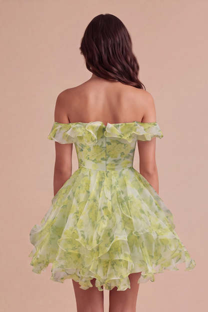 Yellow Green Floral Corset Off the Shoulder Ruffled Short Homecoming Dress