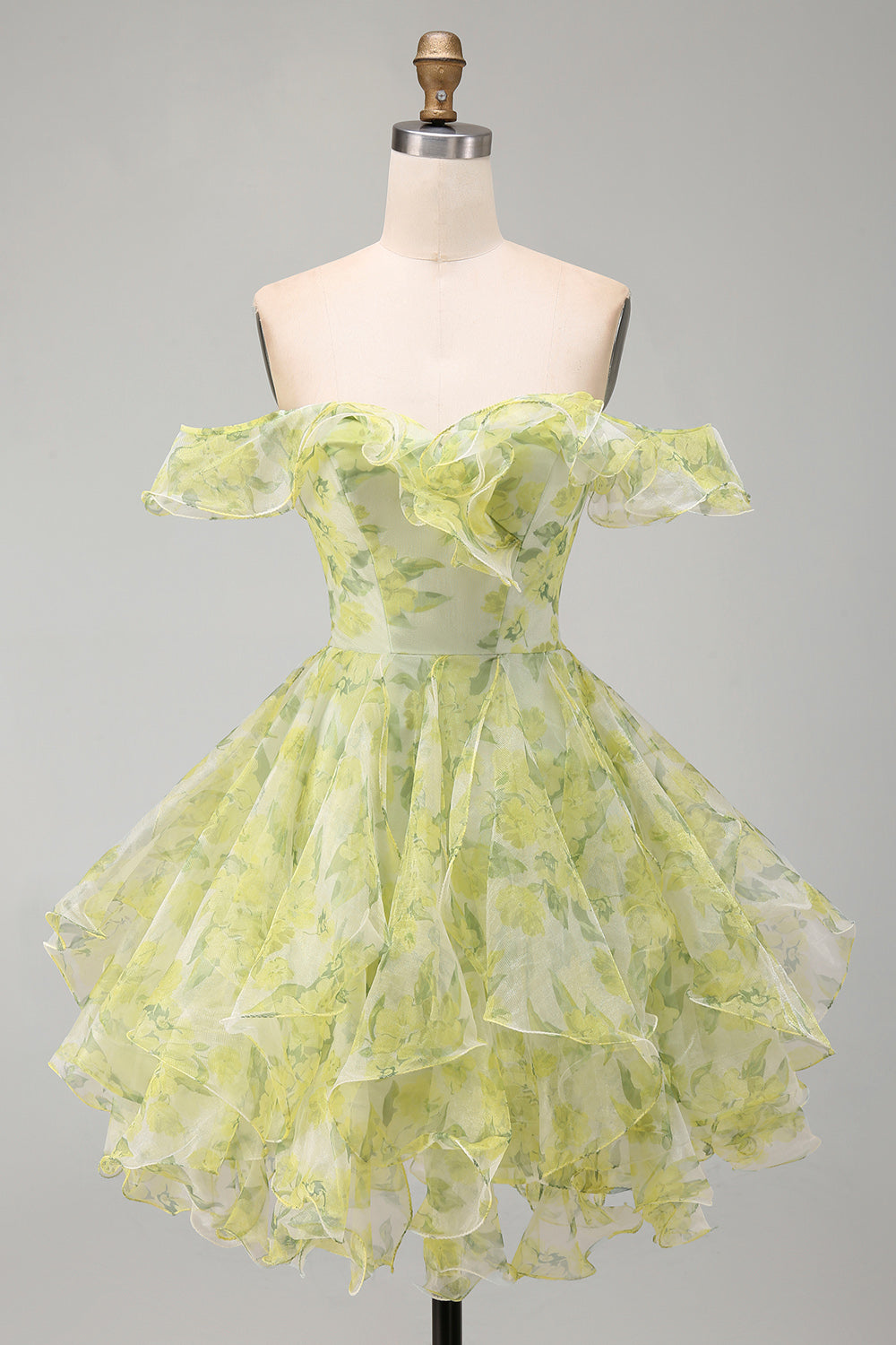 Yellow Green Floral Corset Off the Shoulder Ruffled Short Homecoming Dress