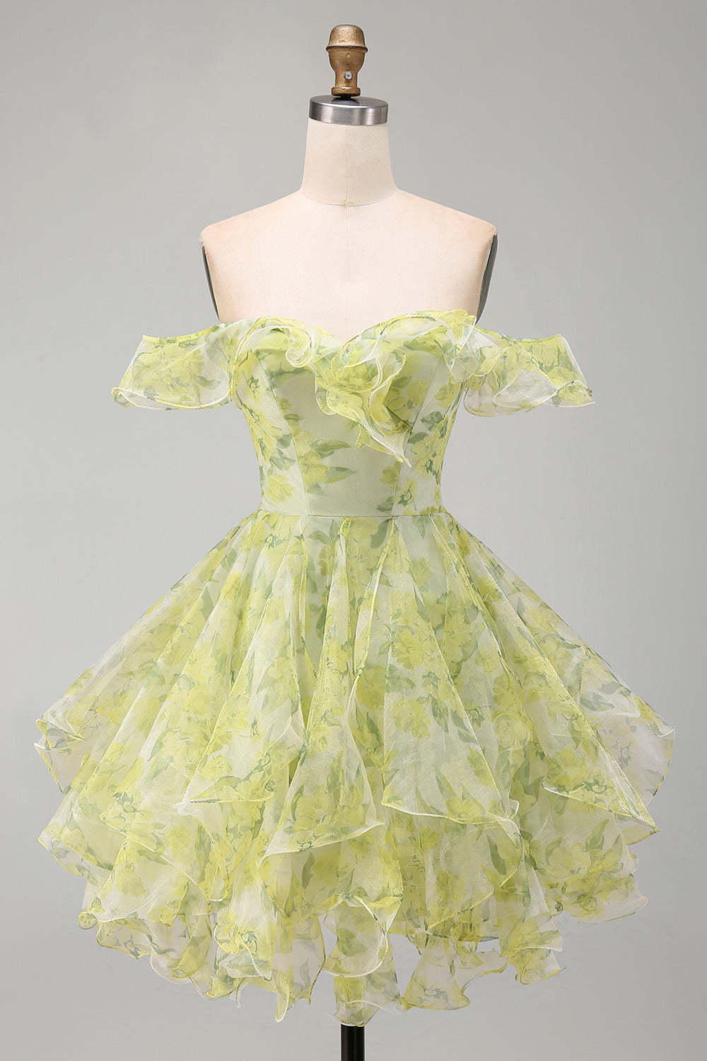 Yellow Green Floral Corset Off the Shoulder Ruffled Short Homecoming Dress
