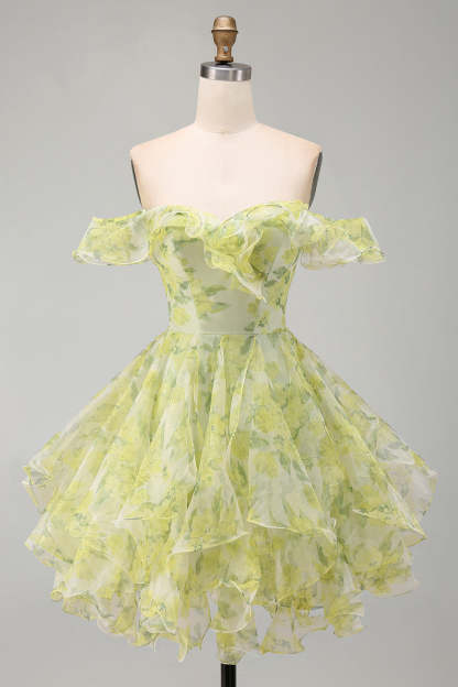 Yellow Green Floral Corset Off the Shoulder Ruffled Short Homecoming Dress
