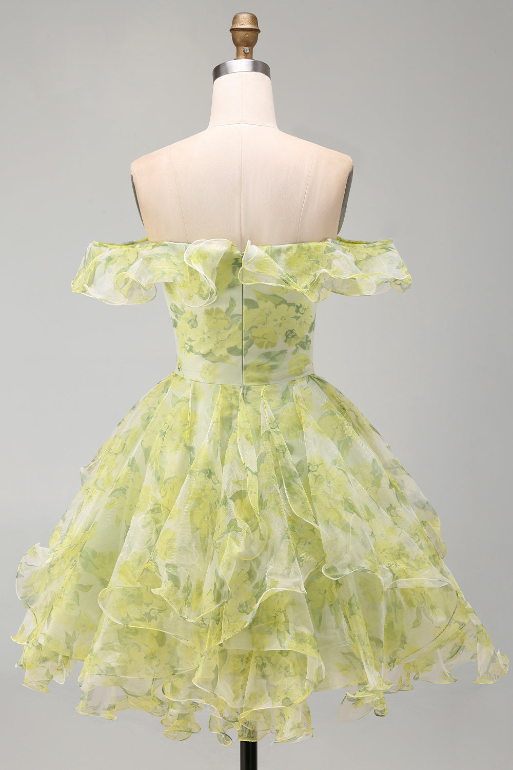 Yellow Green Floral Corset Off the Shoulder Ruffled Short Homecoming Dress