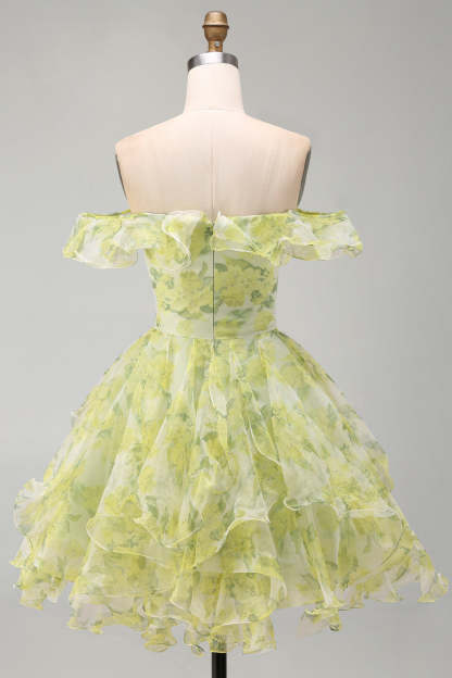 Yellow Green Floral Corset Off the Shoulder Ruffled Short Homecoming Dress