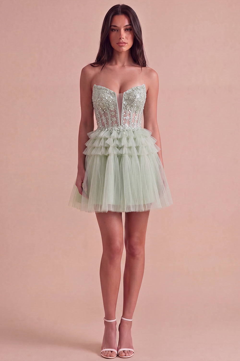 Sparkly Floral Sequins Dusty Sage Corset Tulle Short Homecoming Dress