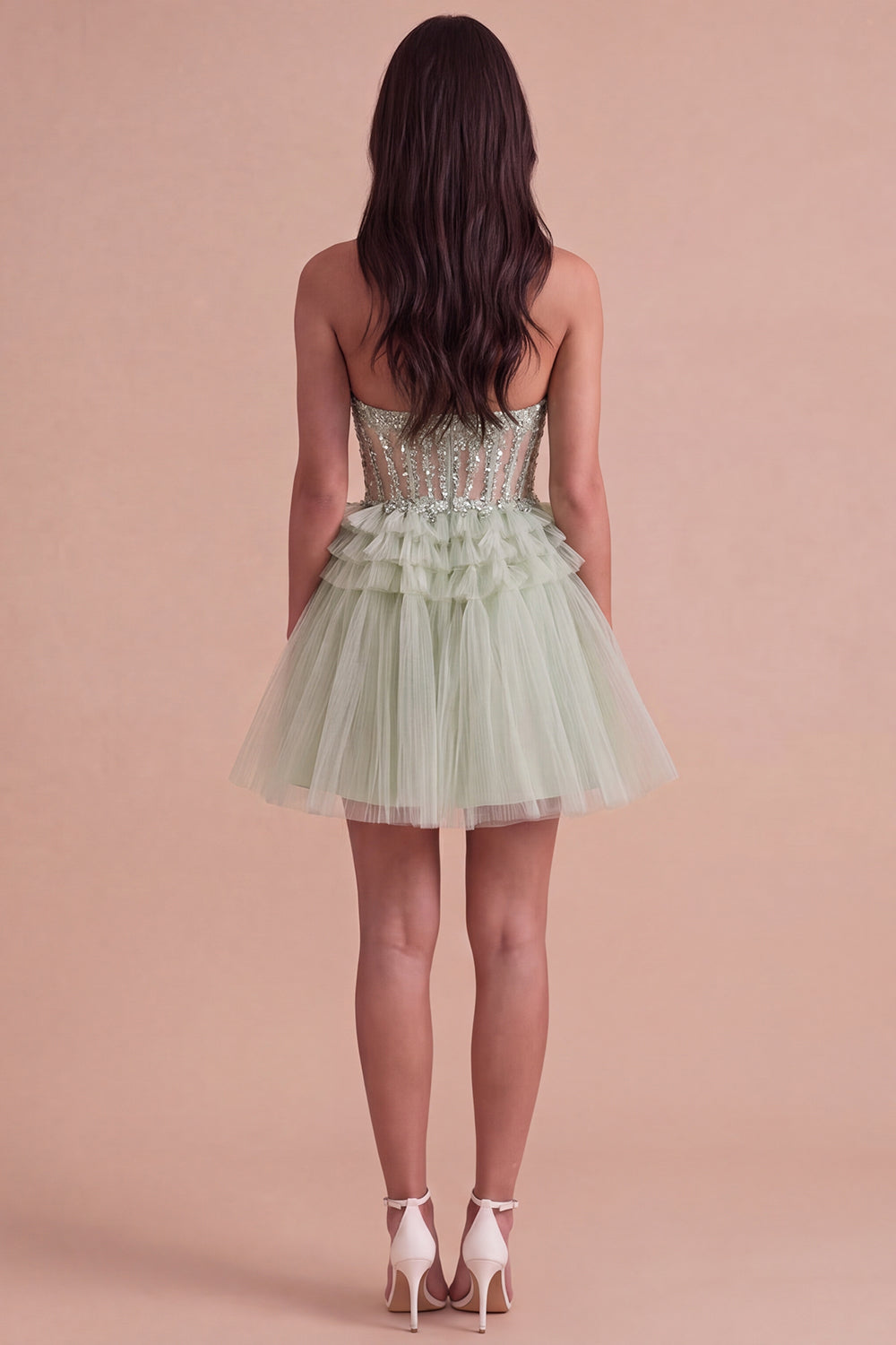 Sparkly Floral Sequins Dusty Sage Corset Tulle Short Homecoming Dress
