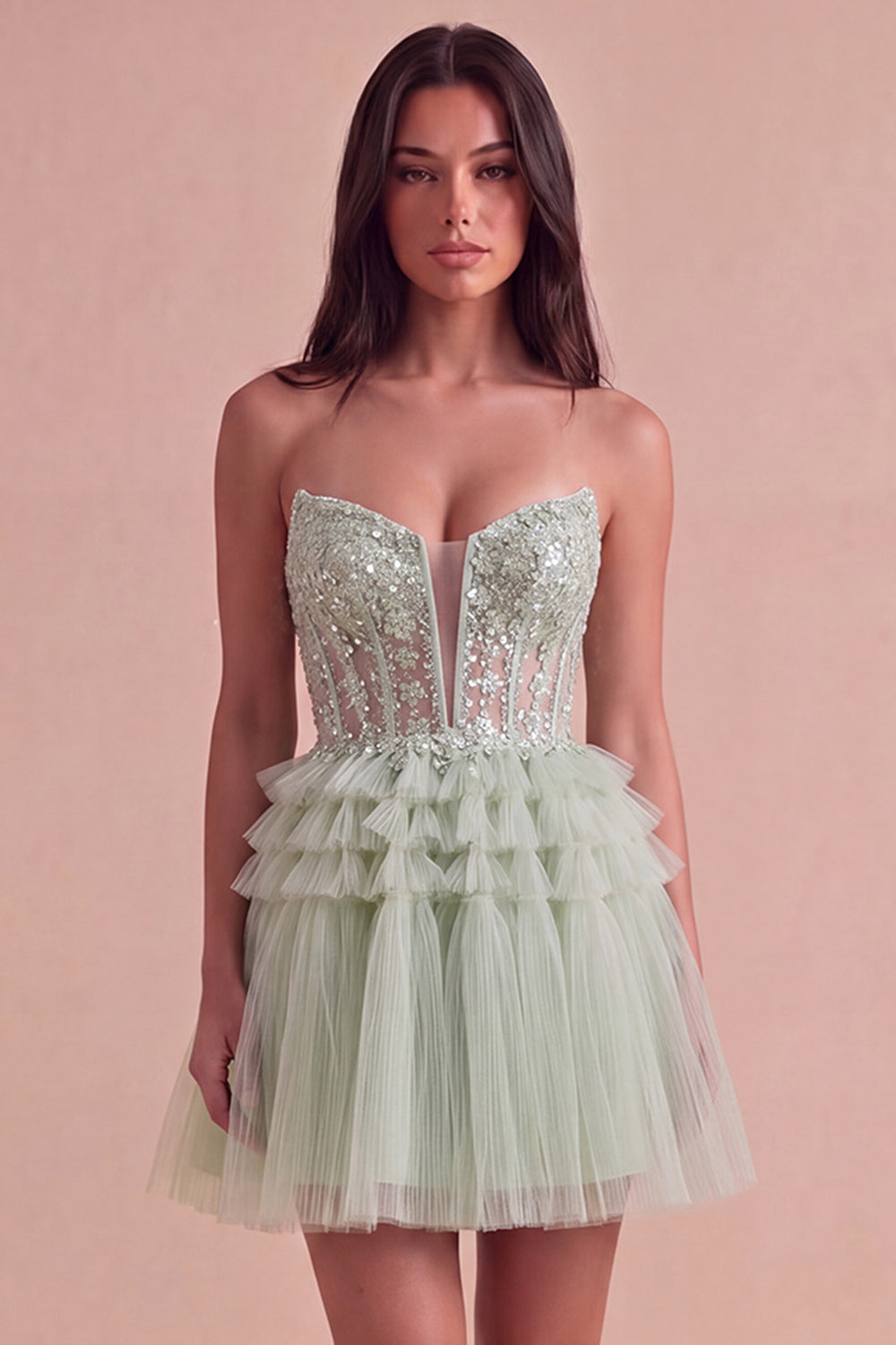 Sparkly Floral Sequins Dusty Sage Corset Tulle Short Homecoming Dress
