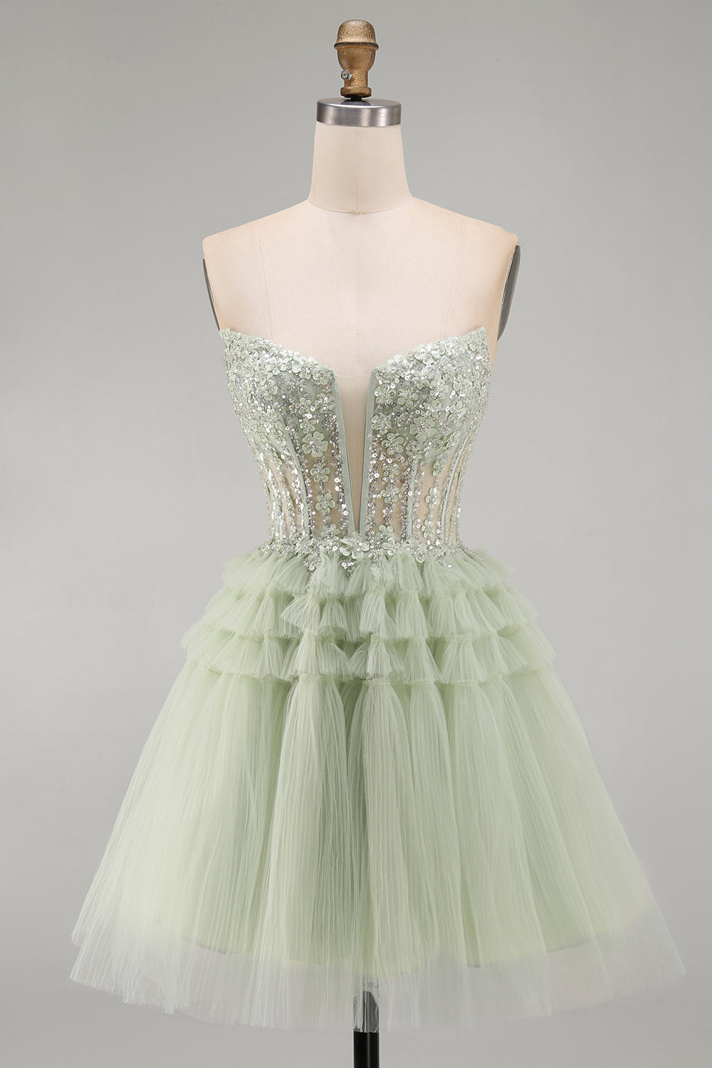 Sparkly Floral Sequins Dusty Sage Corset Tulle Short Homecoming Dress