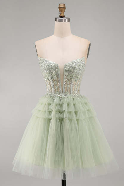 Sparkly Floral Sequins Dusty Sage Corset Tulle Short Homecoming Dress