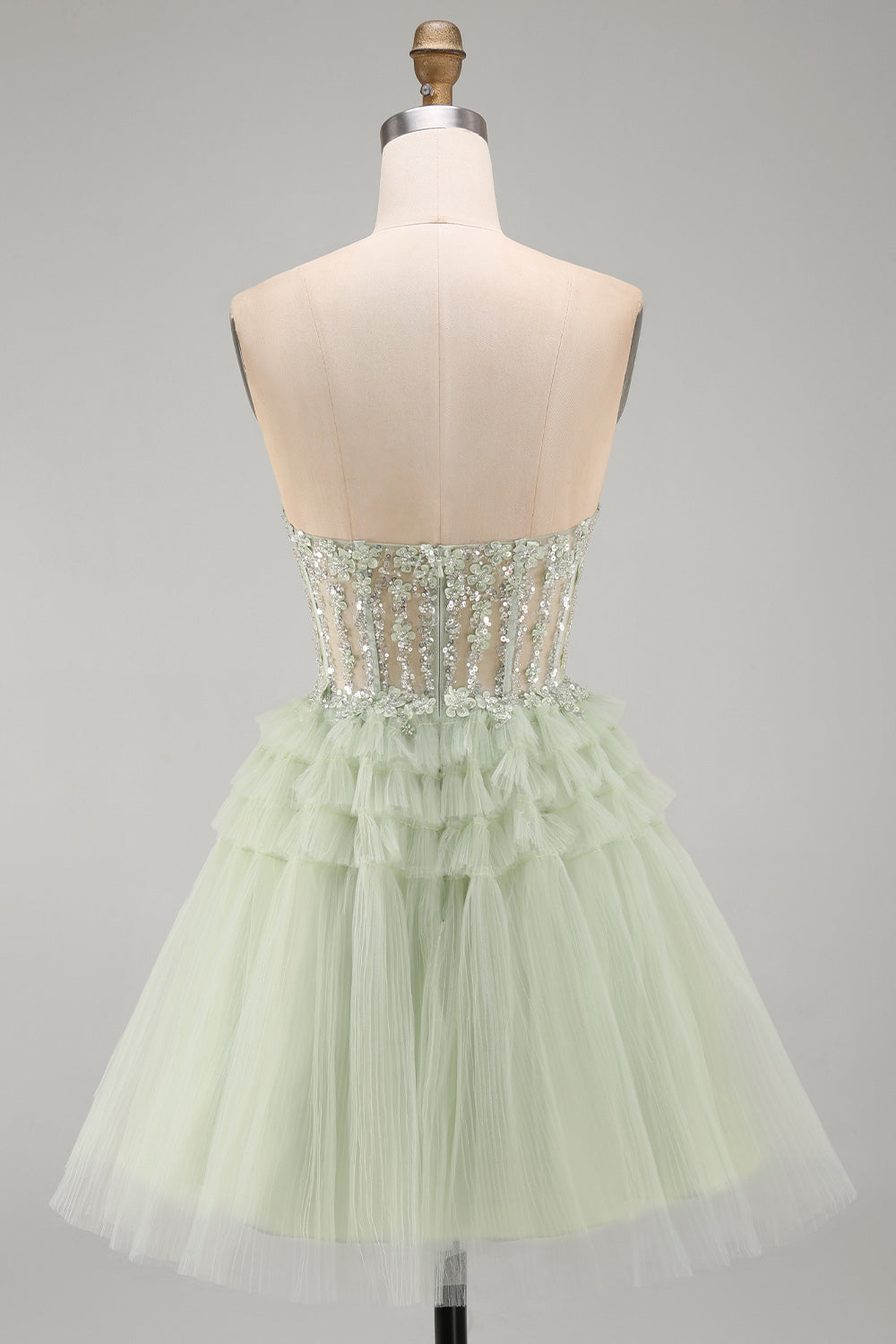 Sparkly Floral Sequins Dusty Sage Corset Tulle Short Homecoming Dress