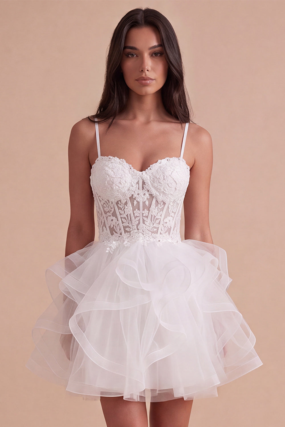 White Floral Spaghetti Straps Corset Ruffled Short Homecoming Dress with Appliques