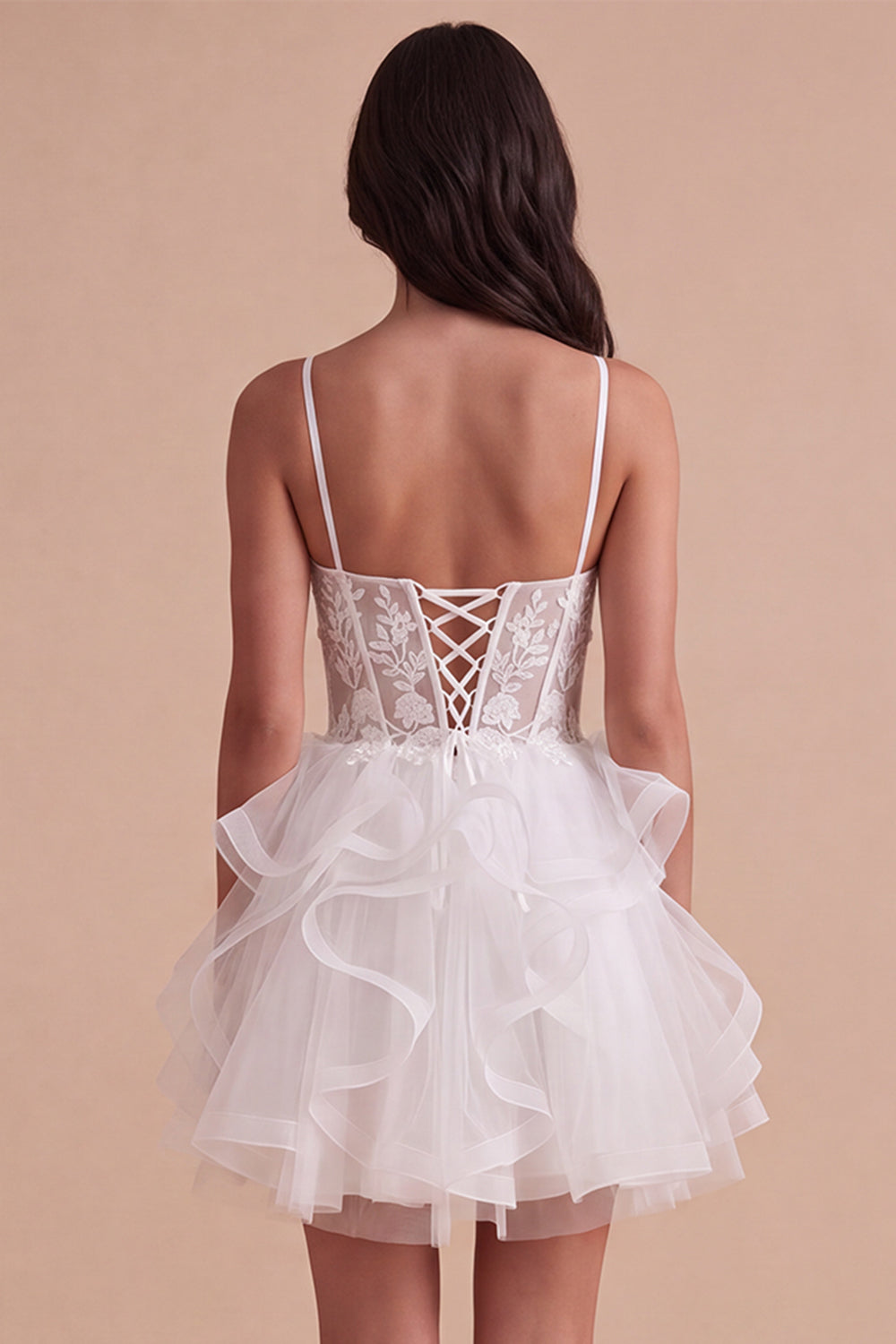 White Floral Spaghetti Straps Corset Ruffled Short Homecoming Dress with Appliques