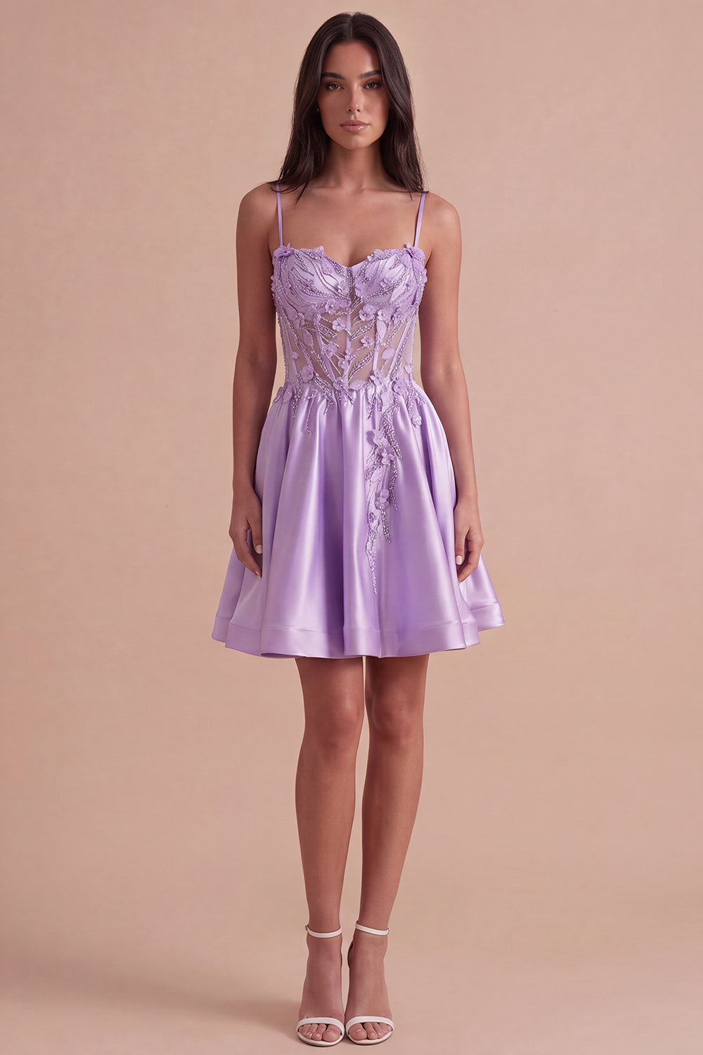 Lilac Sparkly Beaded Floral Corset Spaghetti Straps Short Homecoming Dress