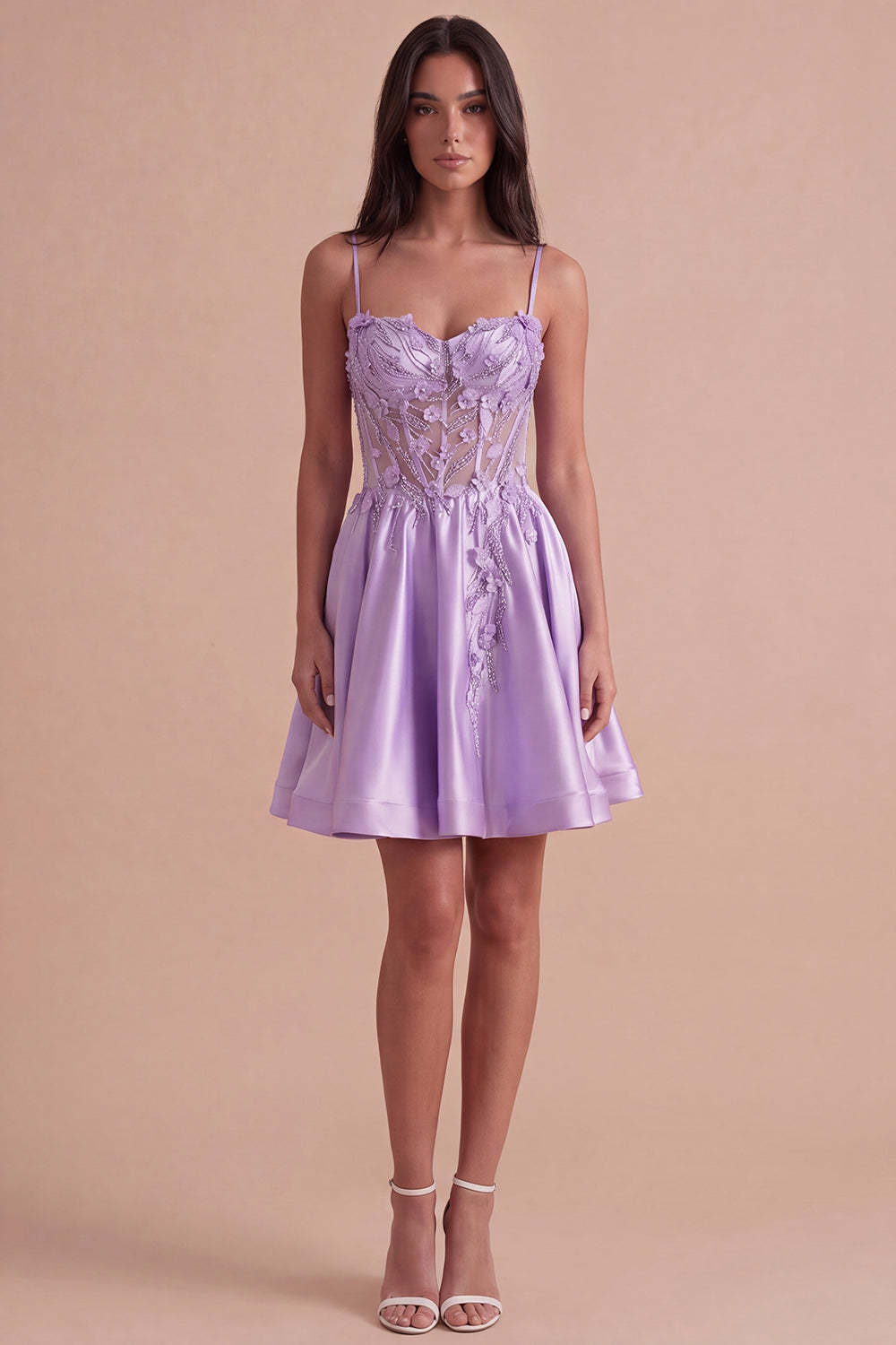 Lilac Sparkly Beaded Floral Corset Spaghetti Straps Short Homecoming Dress