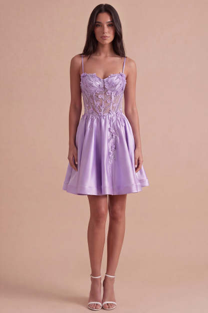 Lilac Sparkly Beaded Floral Corset Spaghetti Straps Short Homecoming Dress