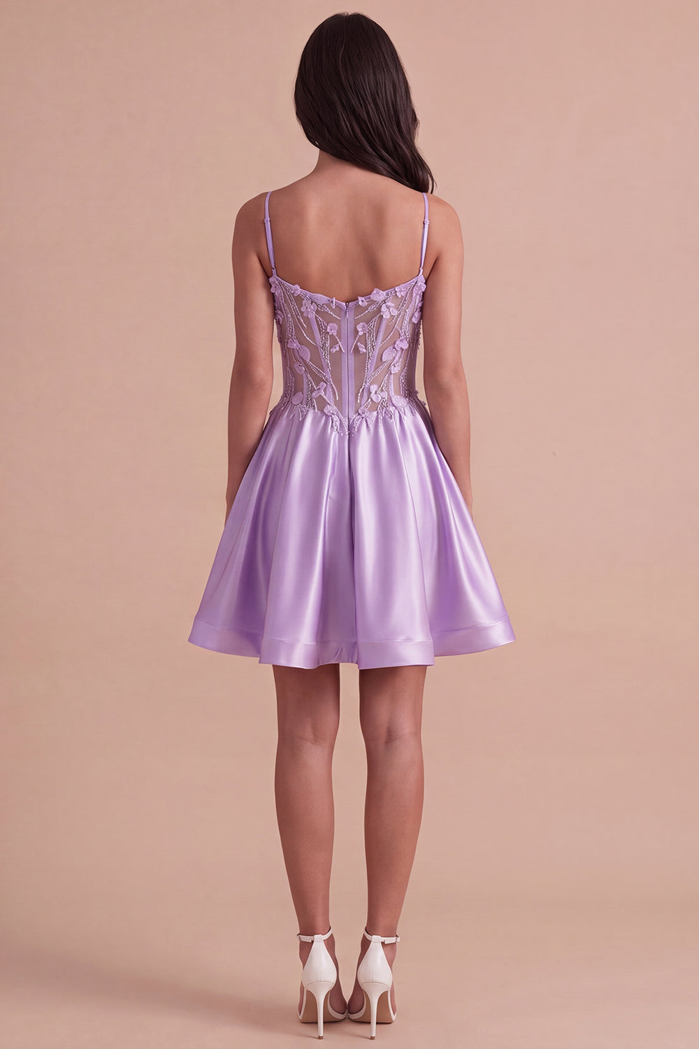 Lilac Sparkly Beaded Floral Corset Spaghetti Straps Short Homecoming Dress