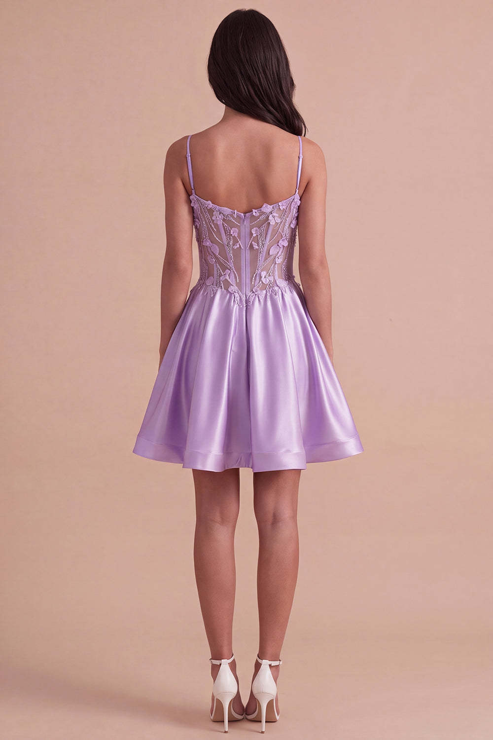 Lilac Sparkly Beaded Floral Corset Spaghetti Straps Short Homecoming Dress