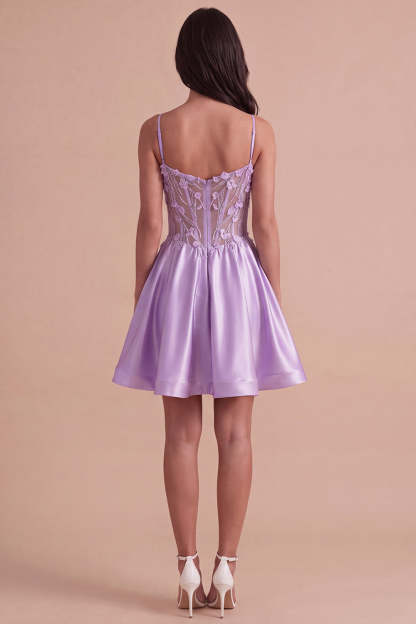 Lilac Sparkly Beaded Floral Corset Spaghetti Straps Short Homecoming Dress