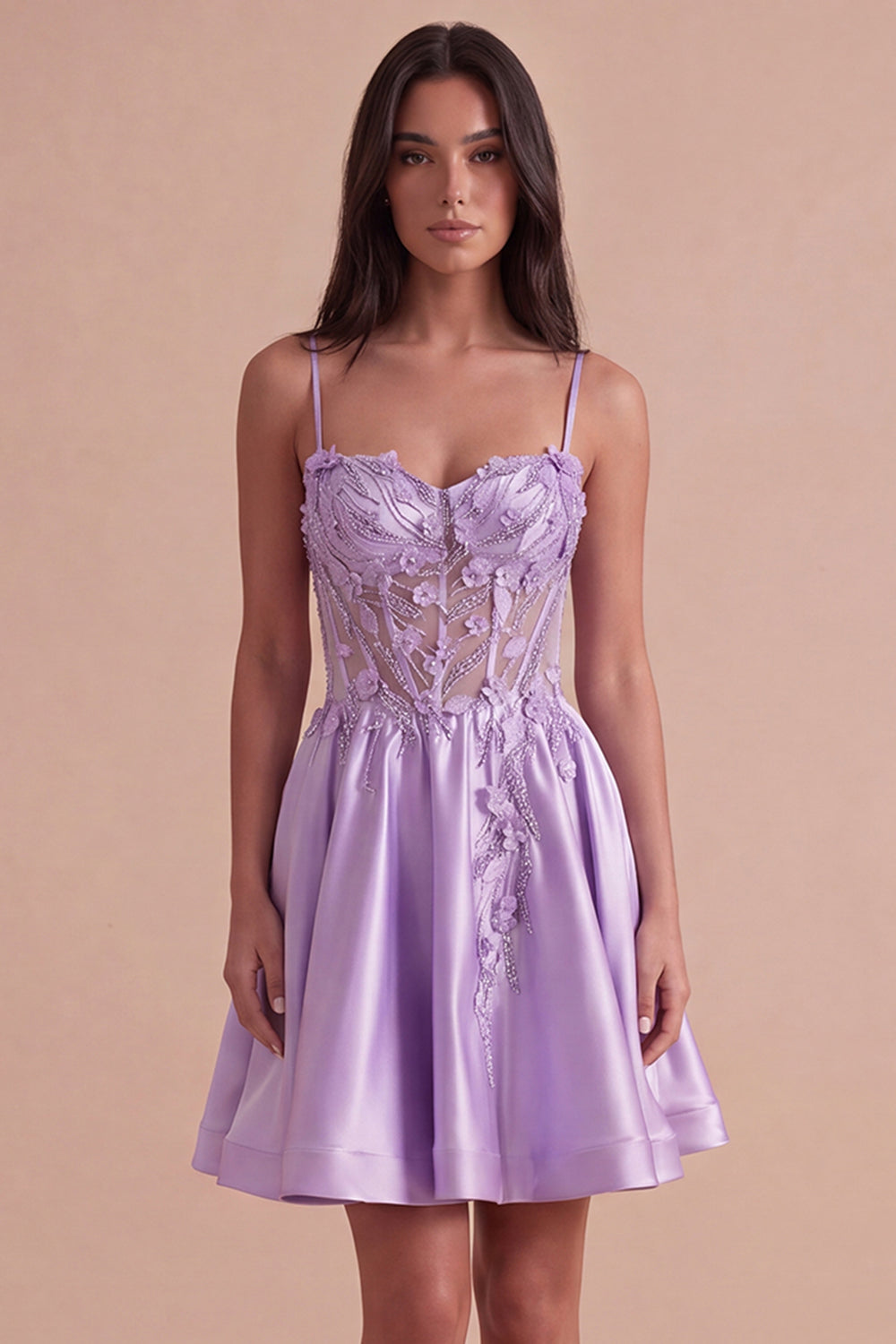 Leely Women Sparkly Beaded Lilac Corset Short Homecoming Dress A-Line Spaghetti Straps Cocktail Dress with 3D Flowers