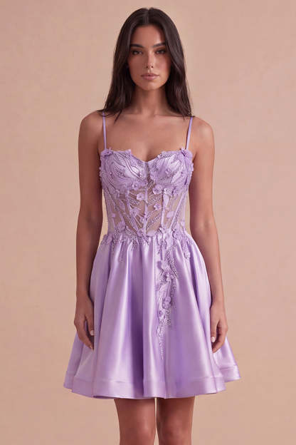 Leely Women Sparkly Beaded Lilac Corset Short Homecoming Dress A-Line Spaghetti Straps Cocktail Dress with 3D Flowers