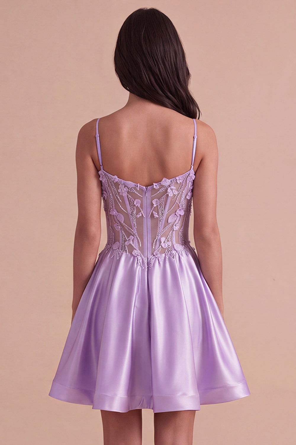 Lilac Sparkly Beaded Floral Corset Spaghetti Straps Short Homecoming Dress