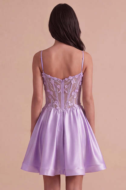 Lilac Sparkly Beaded Floral Corset Spaghetti Straps Short Homecoming Dress