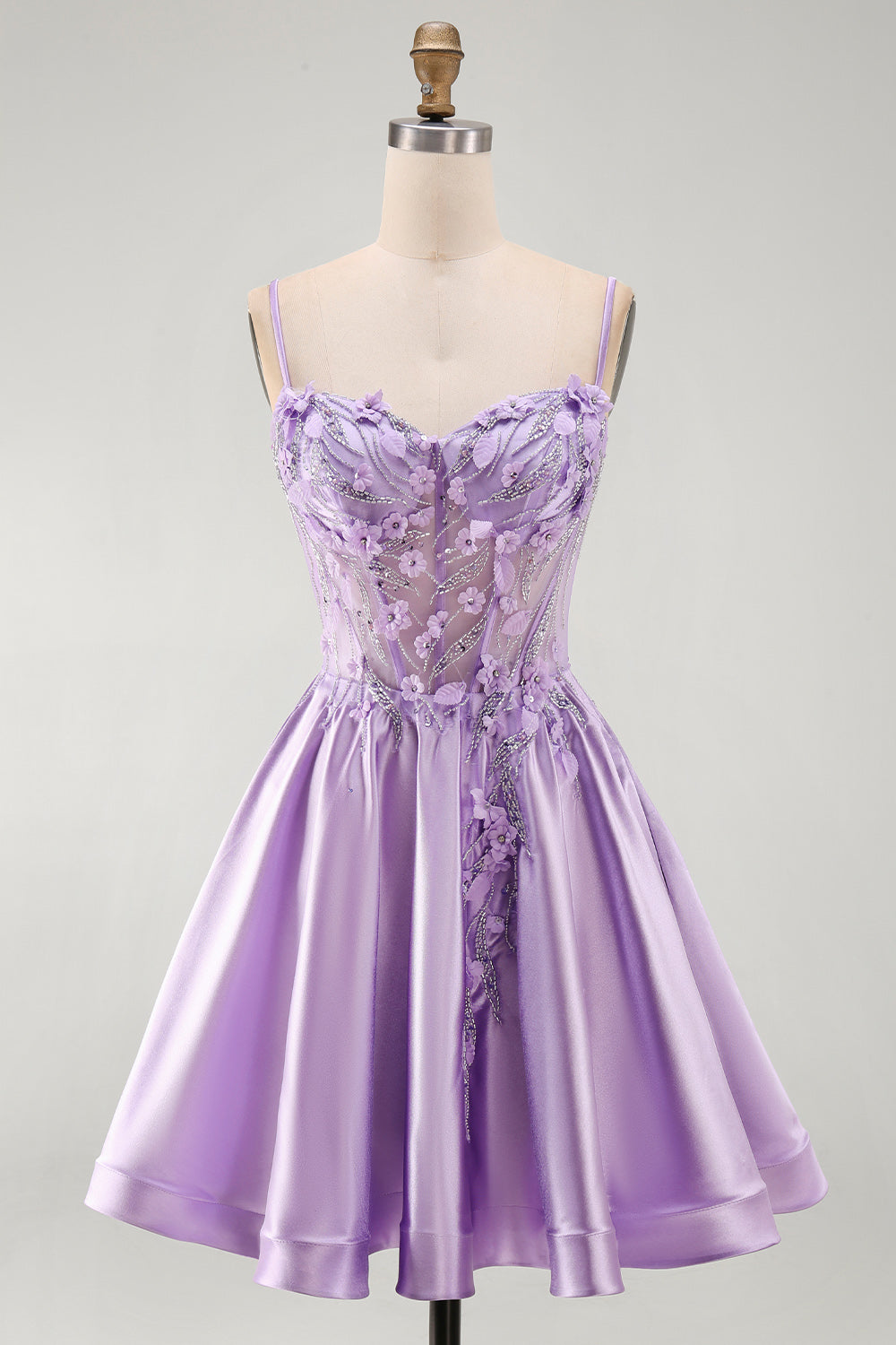 Lilac Sparkly Beaded Floral Corset Spaghetti Straps Short Homecoming Dress