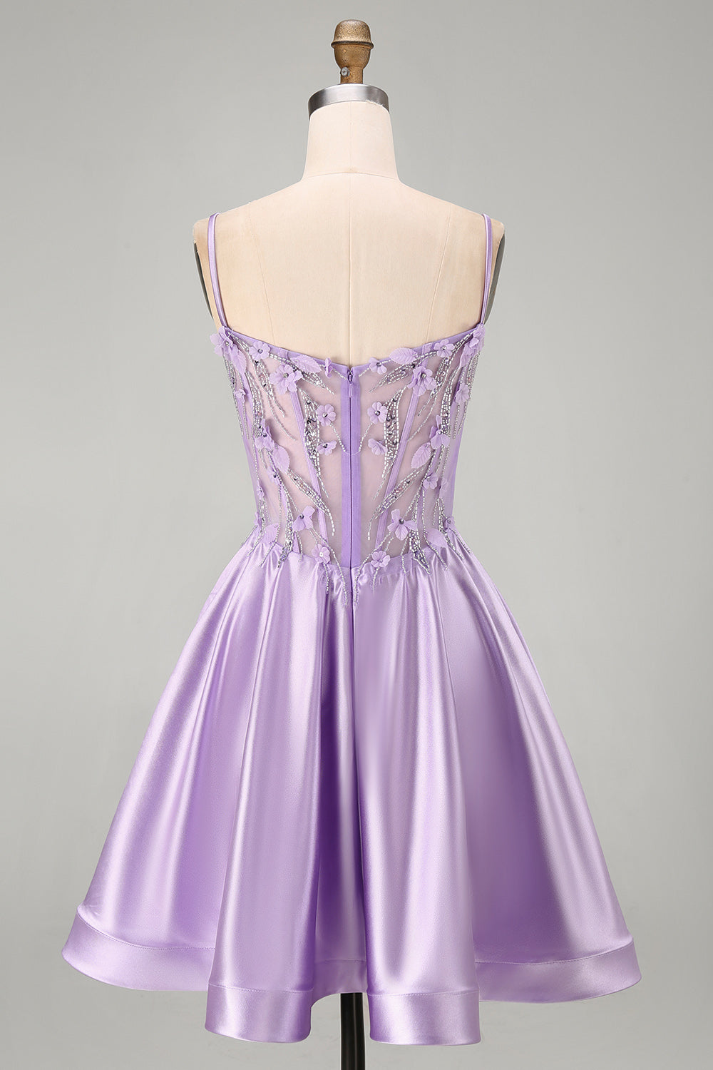 Lilac Sparkly Beaded Floral Corset Spaghetti Straps Short Homecoming Dress