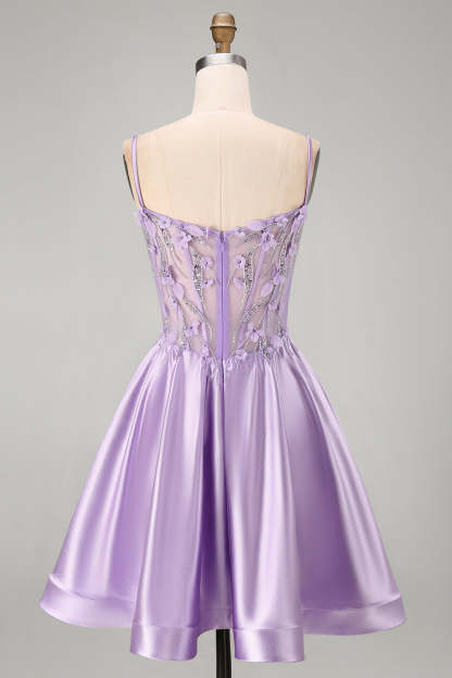 Lilac Sparkly Beaded Floral Corset Spaghetti Straps Short Homecoming Dress