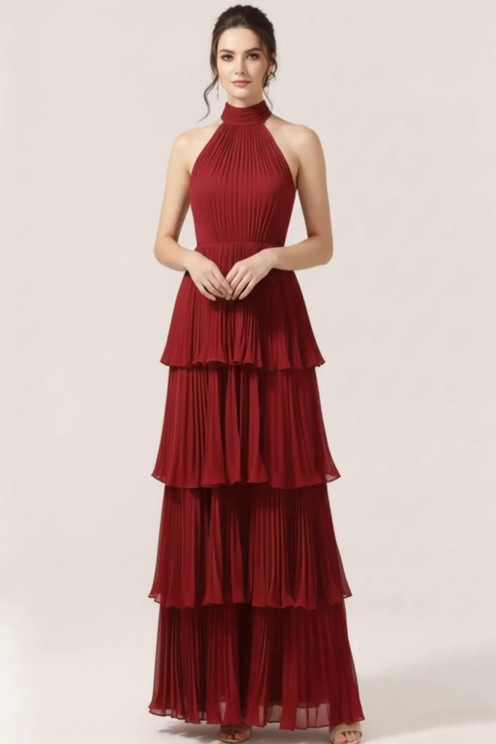 Burgundy Chiffon Tiered Backless Pleated Long Bridesmaid Dress with Ruffles