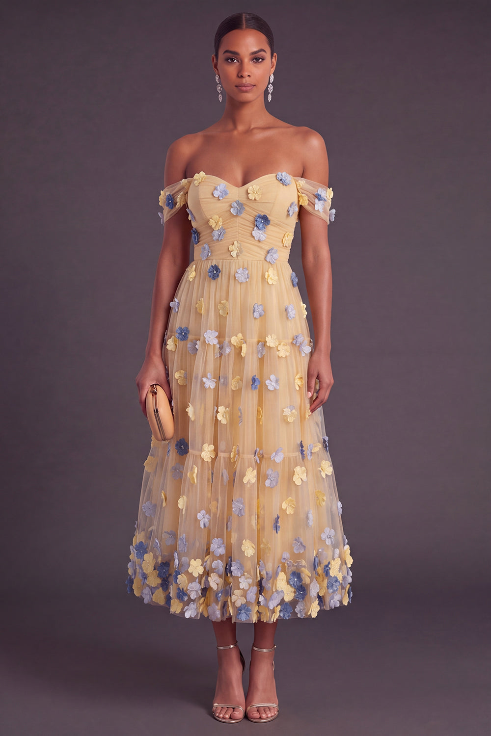 Leely Women Blue Floral Midi Fall Wedding Guest Dress Ruched A-Line Off the Shoulder Formal Dress
