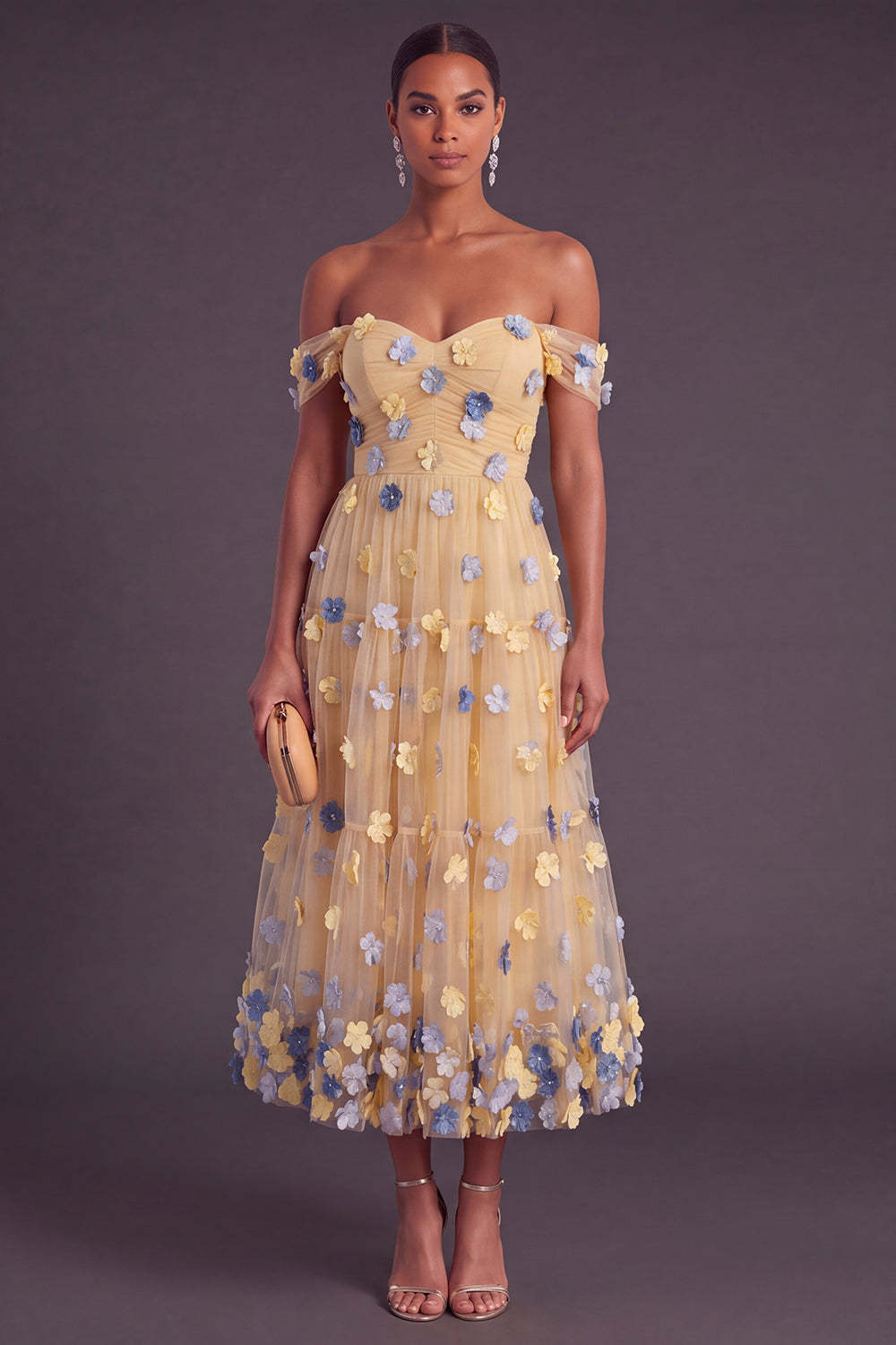 Leely Women Blue Floral Midi Fall Wedding Guest Dress Ruched A-Line Off the Shoulder Formal Dress