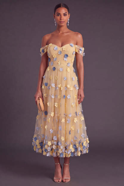 Leely Women Blue Floral Midi Fall Wedding Guest Dress Ruched A-Line Off the Shoulder Formal Dress