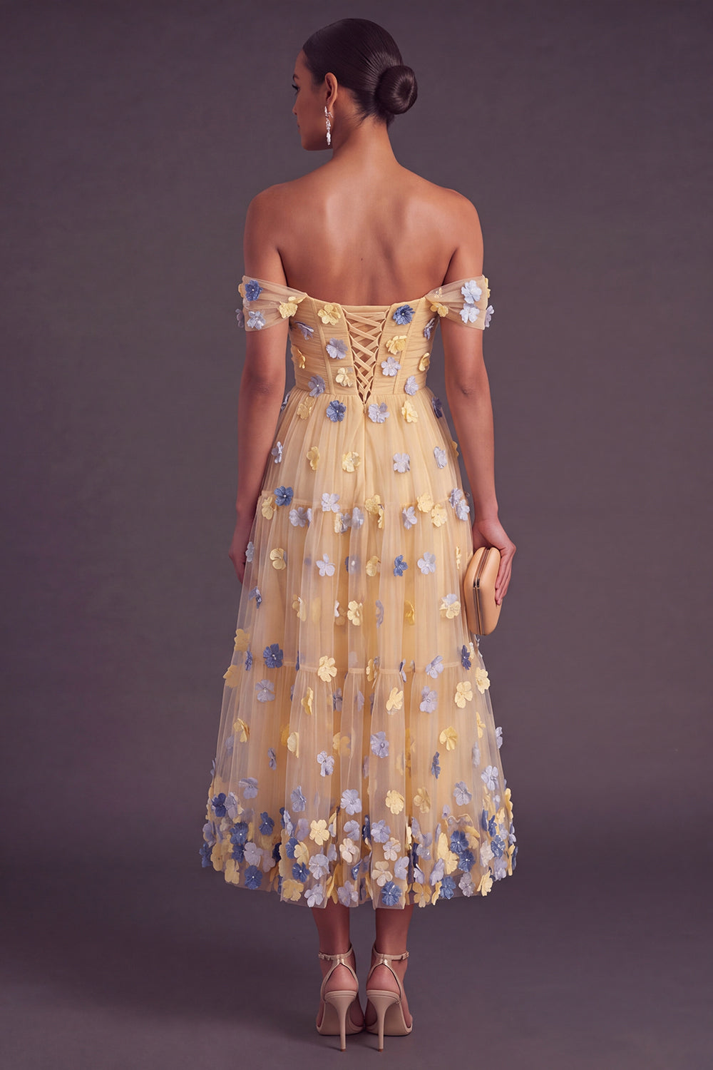 Blue A-Line Off the Shoulder Ruched Midi Wedding Guest Dress with 3D Flower