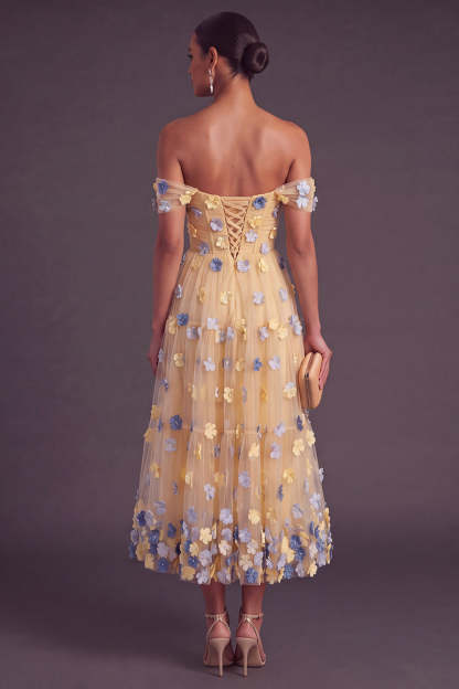 Blue A-Line Off the Shoulder Ruched Midi Wedding Guest Dress with 3D Flower
