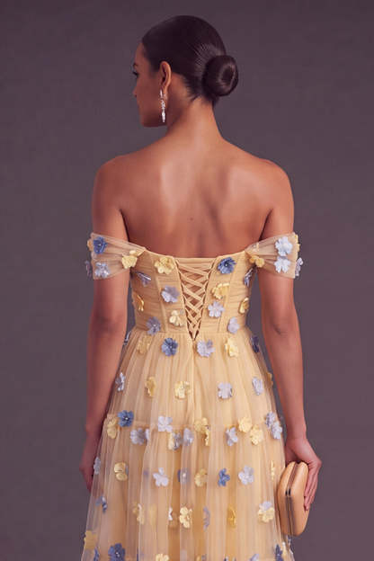 Blue A-Line Off the Shoulder Ruched Midi Wedding Guest Dress with 3D Flower