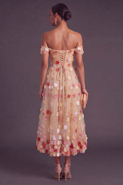 Blue A-Line Off the Shoulder Ruched Midi Wedding Guest Dress with 3D Flower