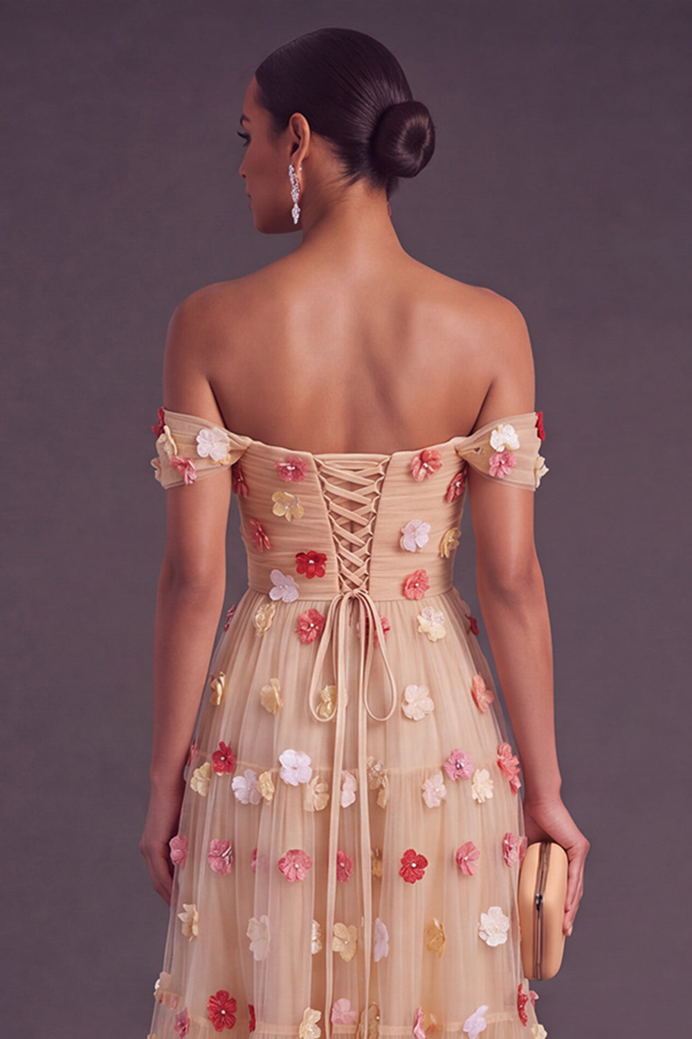 Blue A-Line Off the Shoulder Ruched Midi Wedding Guest Dress with 3D Flower