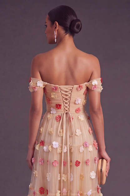 Blue A-Line Off the Shoulder Ruched Midi Wedding Guest Dress with 3D Flower