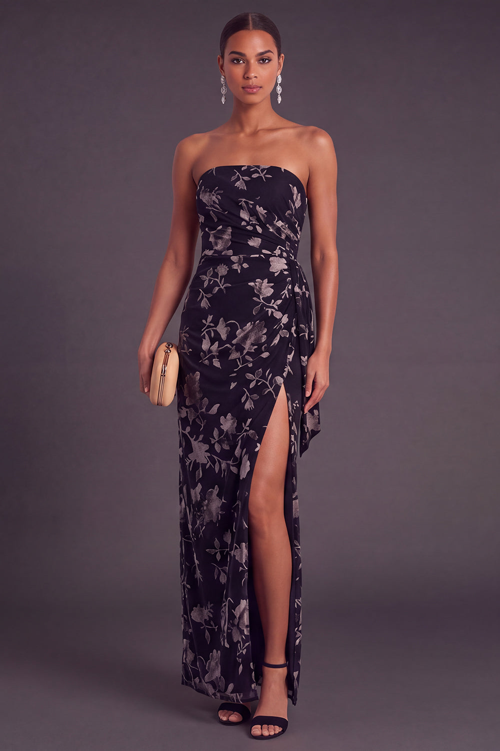 Black Floral Strapless Long Ruffled Mermaid Wedding Guest Dress with Slit