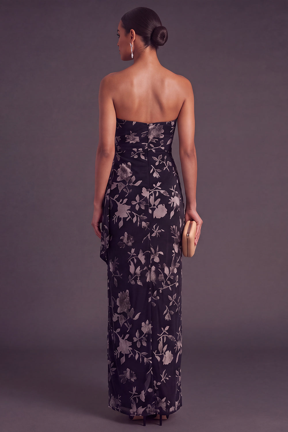Black Floral Strapless Long Ruffled Mermaid Wedding Guest Dress with Slit