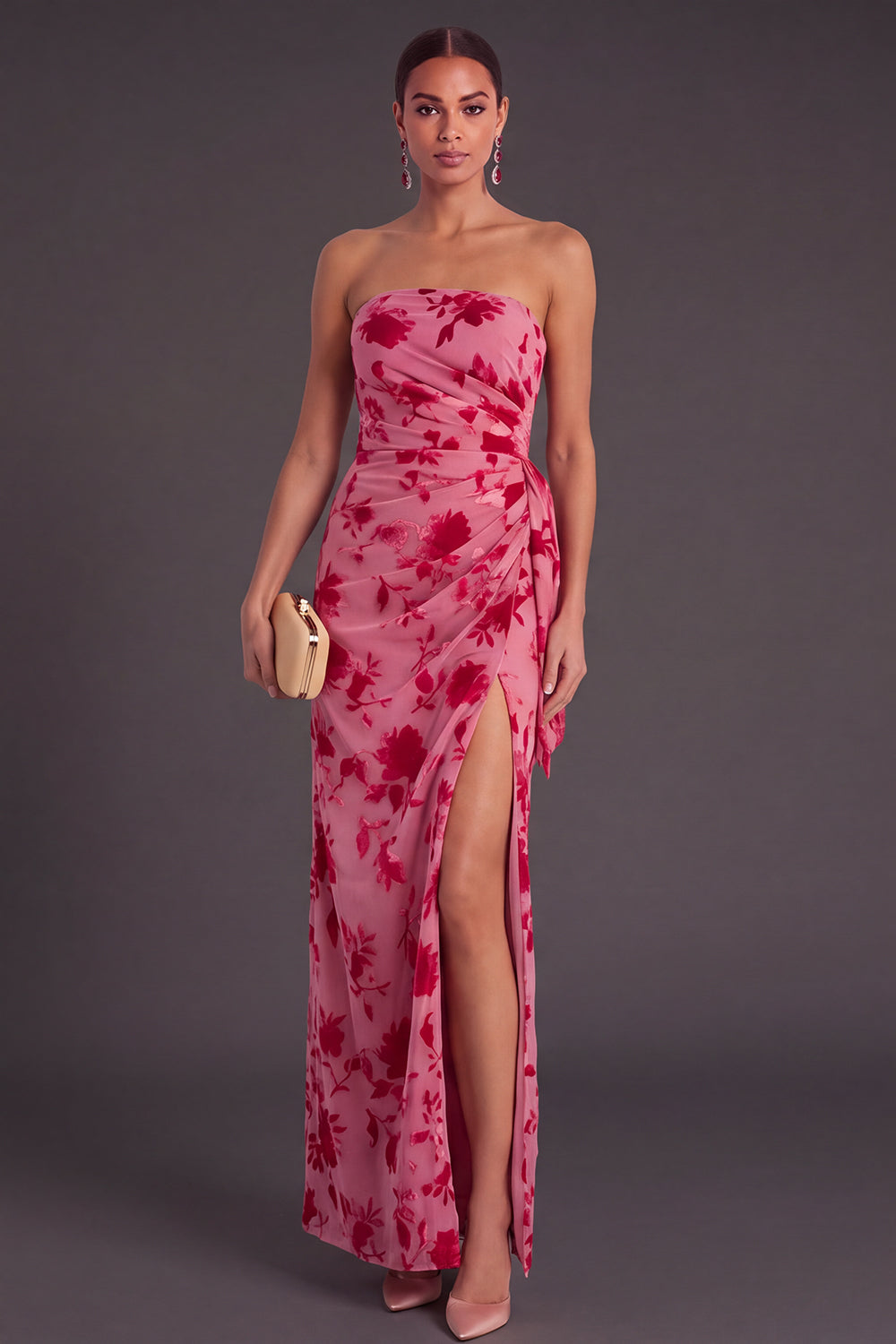 Black Floral Strapless Long Ruffled Mermaid Wedding Guest Dress with Slit