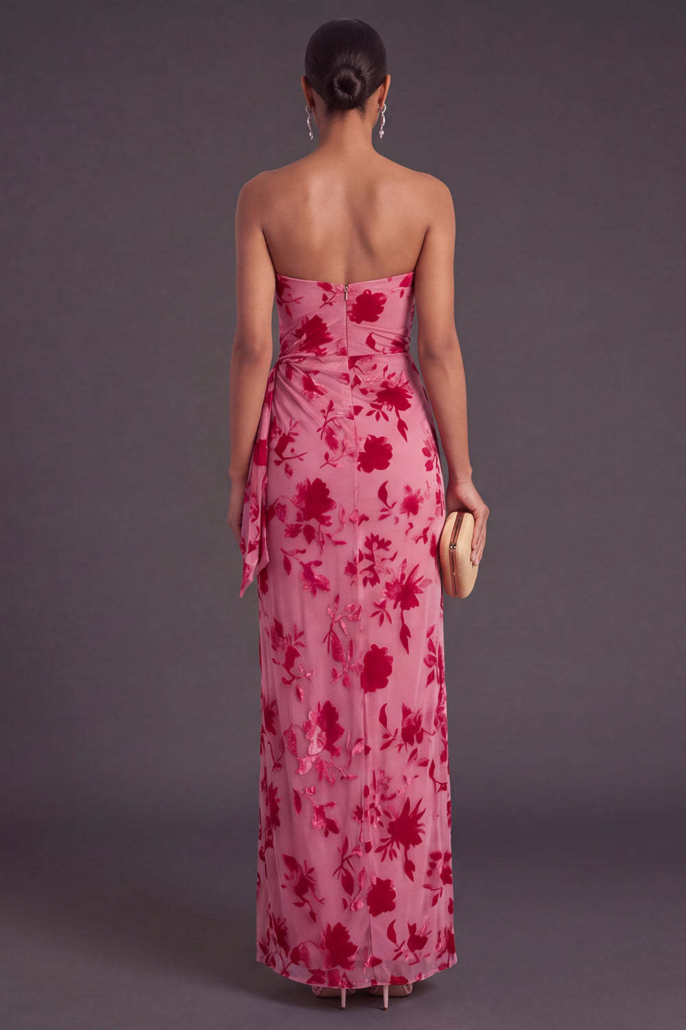 Black Floral Strapless Long Ruffled Mermaid Wedding Guest Dress with Slit