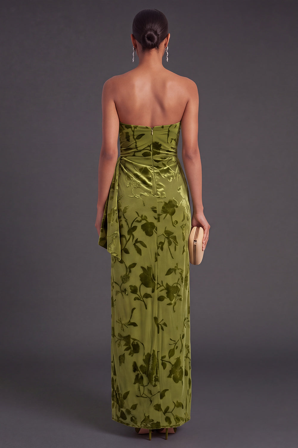 Black Floral Strapless Long Ruffled Mermaid Wedding Guest Dress with Slit