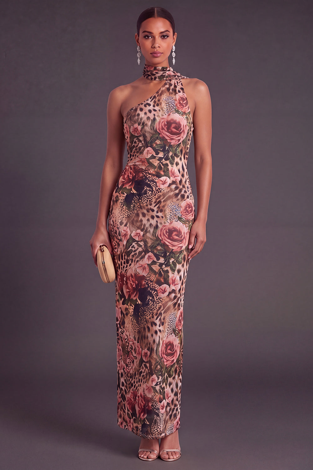 Leely Women Brown Cheetah Print Floral Long Fall Wedding Guest Dress Mermiad One Shoulder Formal Dress Formal Wedding Guest Dress