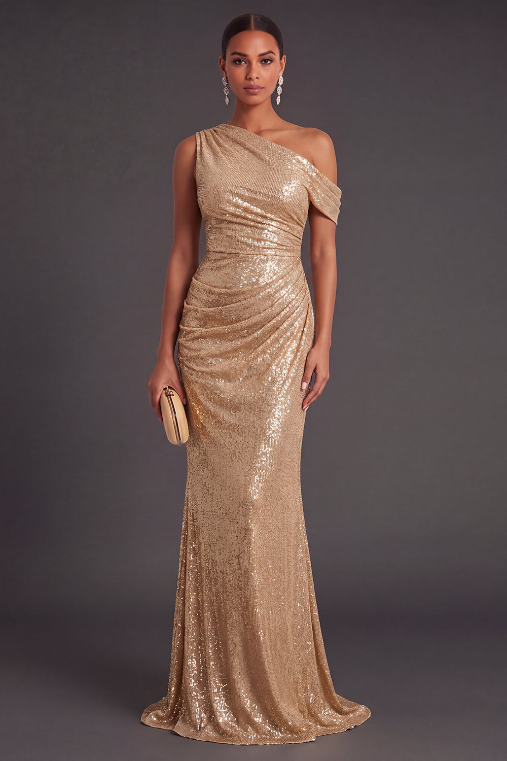 Leely Women Sparkly Sequins Long Champagne Formal Dress Mermaid One Shoulder Sequins Ruched Prom Dress