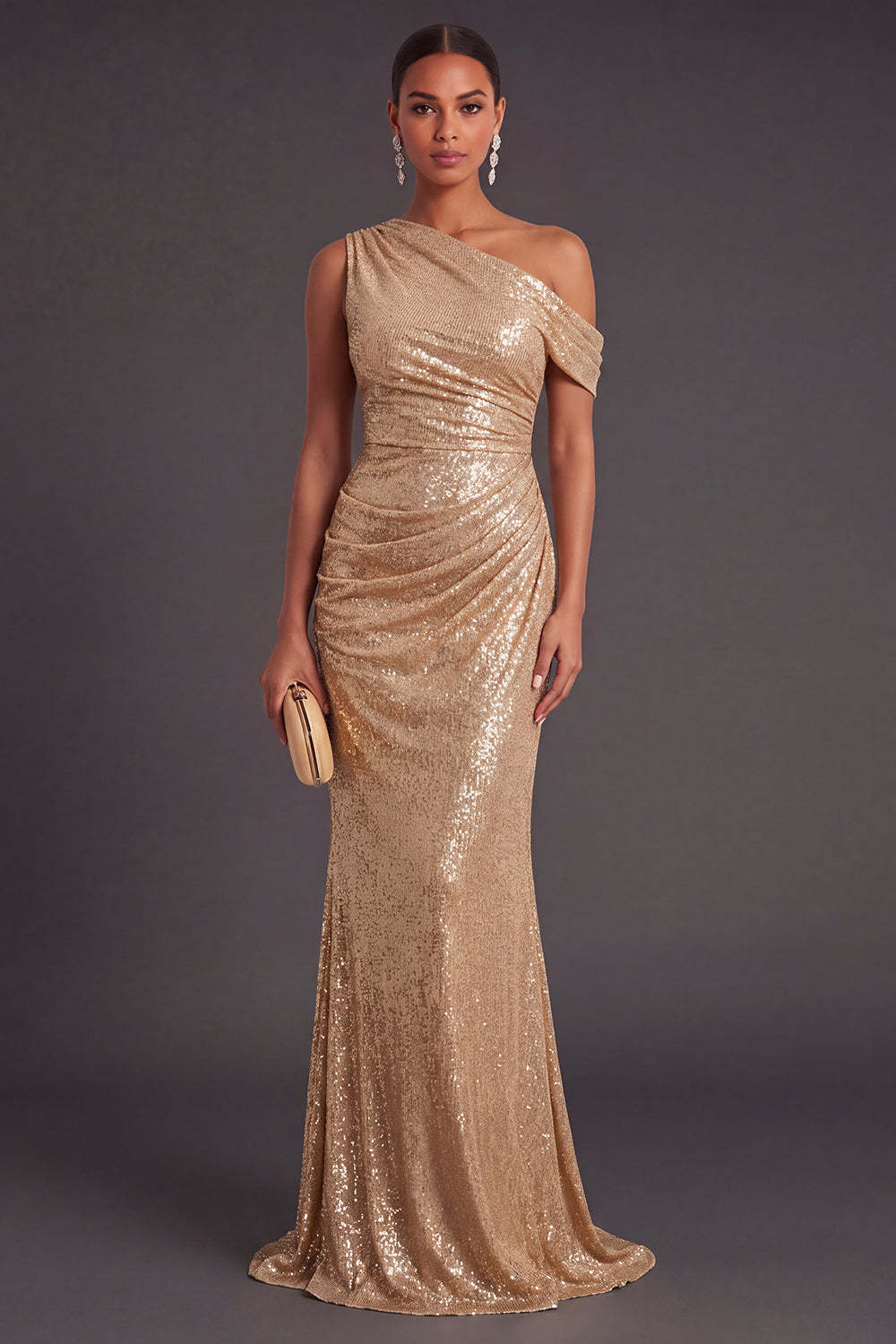 Leely Women Sparkly Sequins Long Champagne Formal Dress Mermaid One Shoulder Sequins Ruched Prom Dress