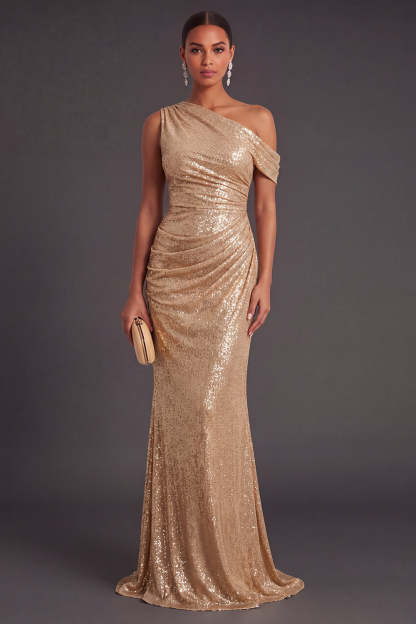 Leely Women Sparkly Sequins Long Champagne Formal Dress Mermaid One Shoulder Sequins Ruched Prom Dress