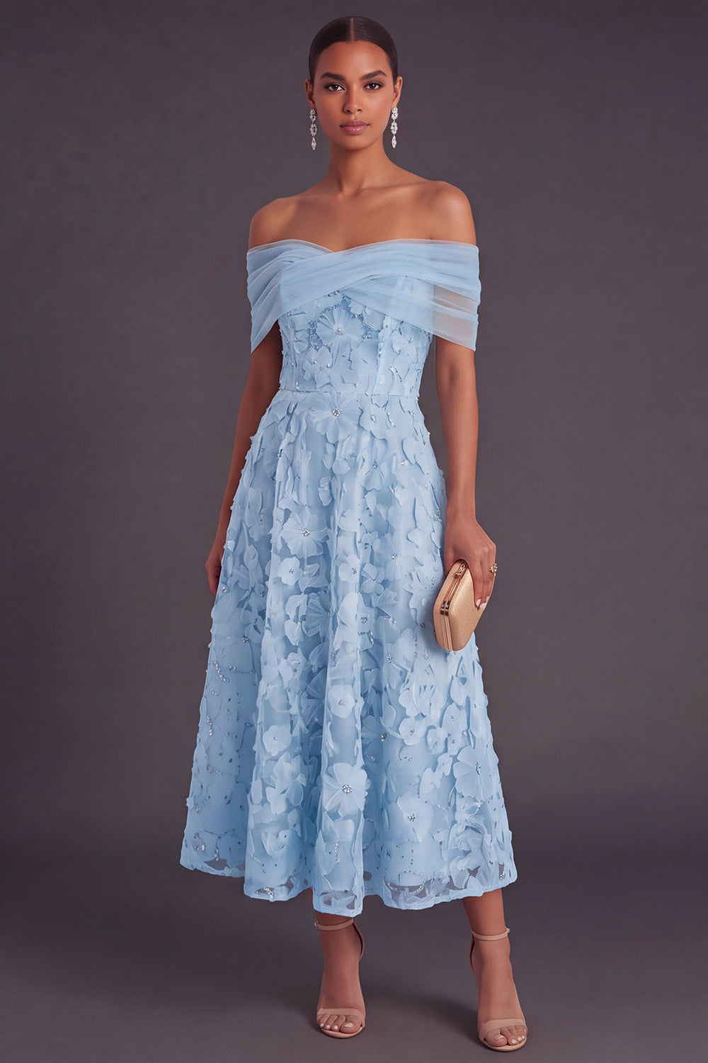 Leely Women Blue Floral Midi Wedding Guest Dress A-Line Off the Shoulder Lace Up Garden Party Dress